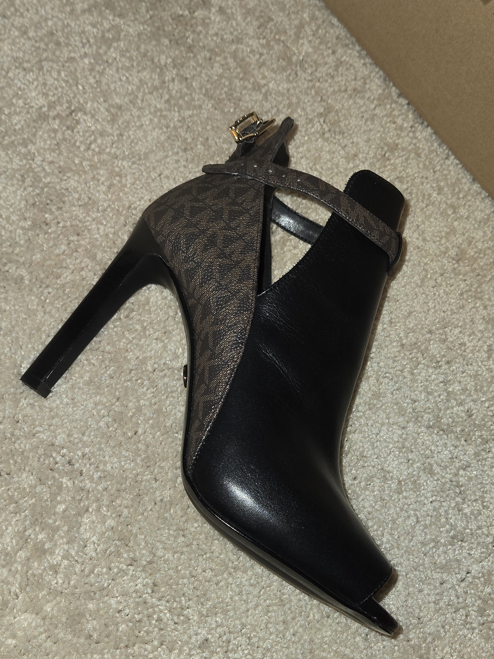 Michael Kors Black and Brown Leather Peep-Toe Stiletto Bootie